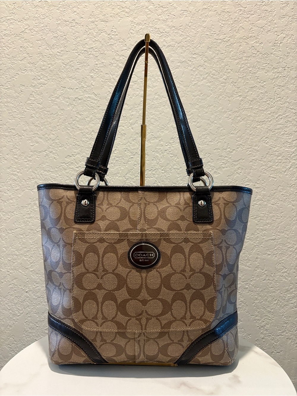 Coach Tan Signature Canvas Tote with Dark Brown Trim